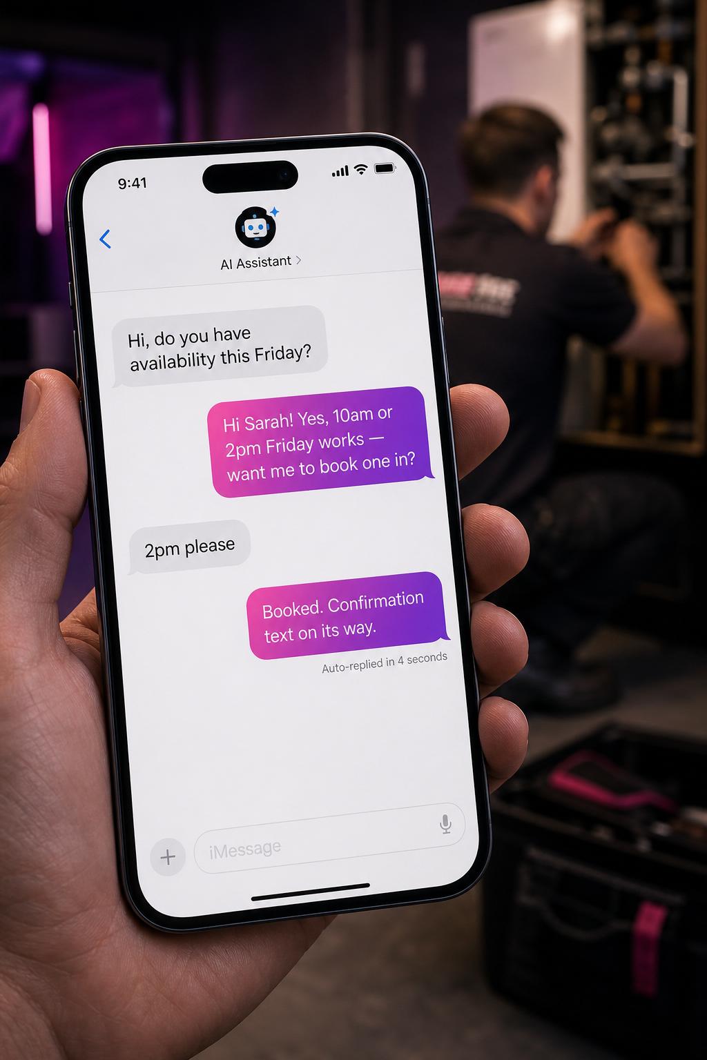 AI assistant autonomously replying to a customer enquiry while the business owner is busy working
