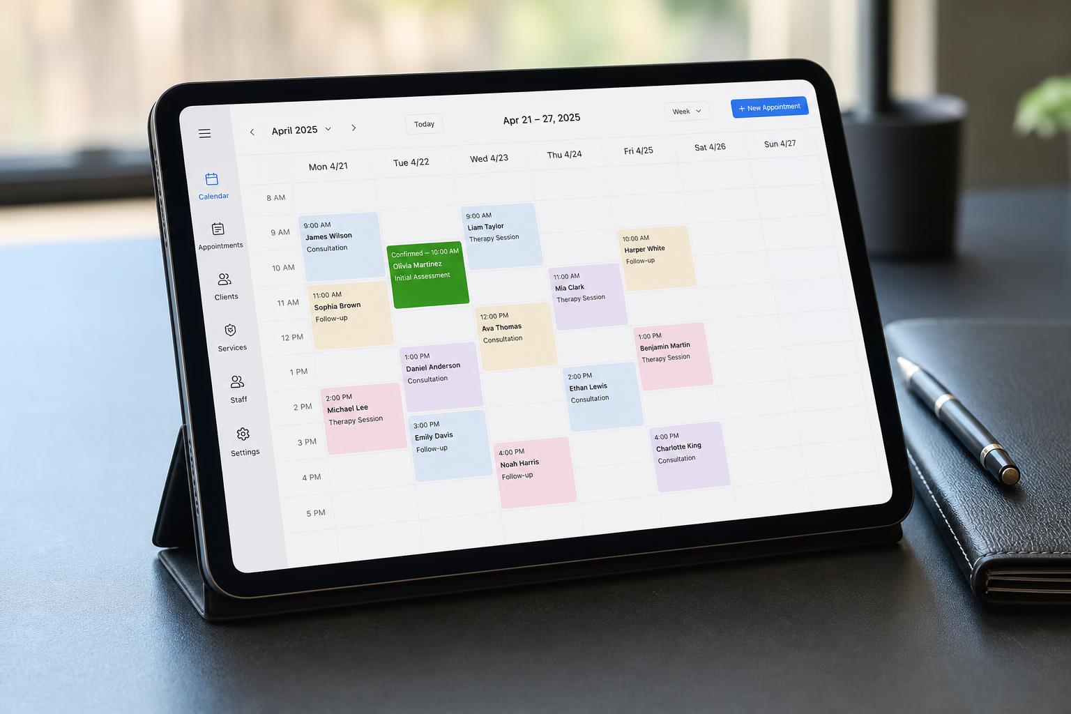 Tablet on a desk showing an appointment booking calendar with a confirmed slot