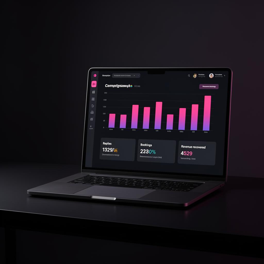 Reporting dashboard tracking replies, bookings and revenue recovered from a customer reactivation campaign