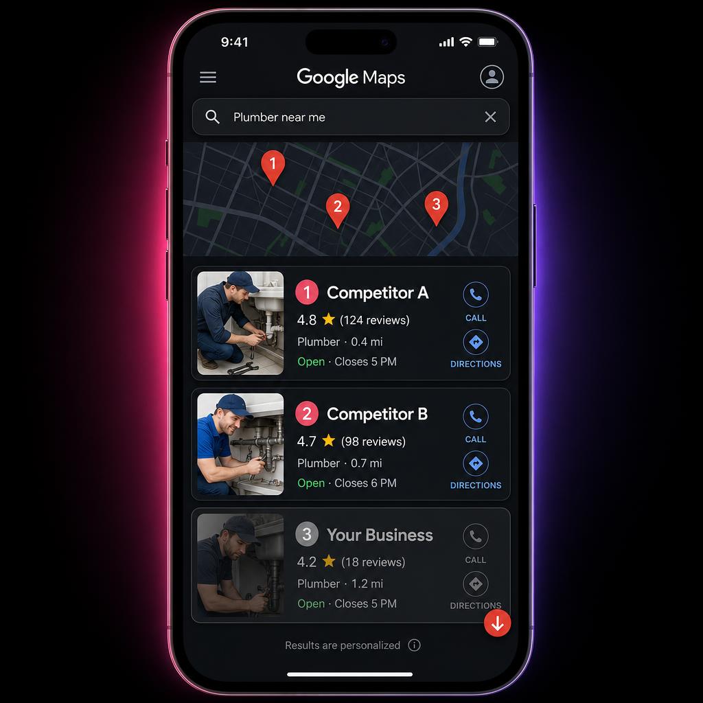 Google Maps Map Pack showing competitor businesses ranking above a weak Google Business Profile