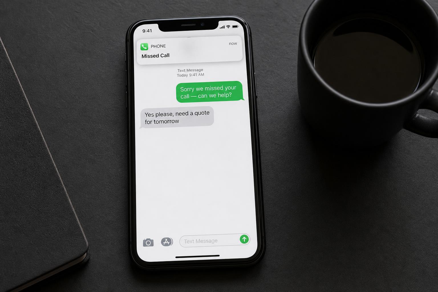 Smartphone on a desk showing a missed call notification and an automatic SMS reply