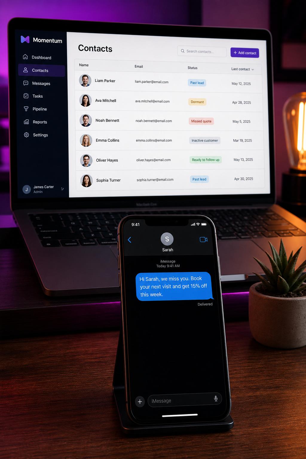 CRM contact list showing past leads, inactive customers, missed quotes and dormant members ready to reactivate