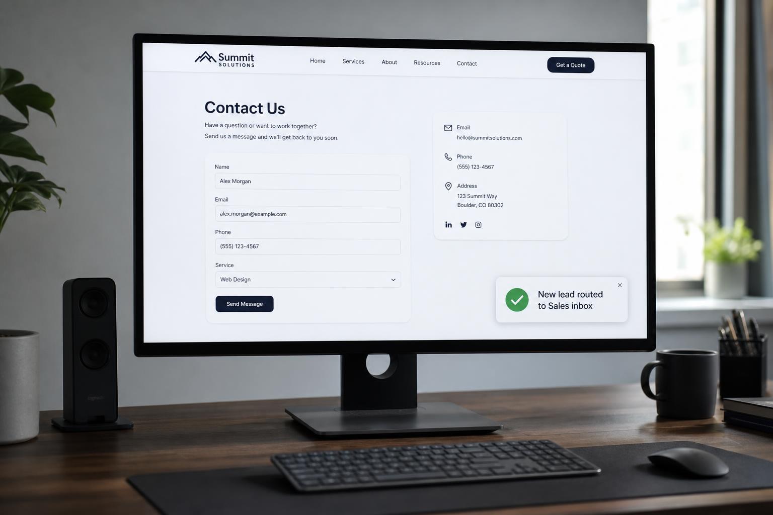 Desktop monitor showing a contact form with a new lead routed to the sales inbox