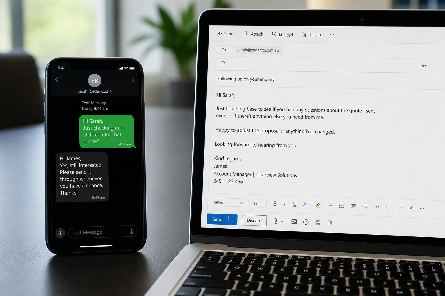 Phone and laptop side by side showing SMS and email follow-up messages